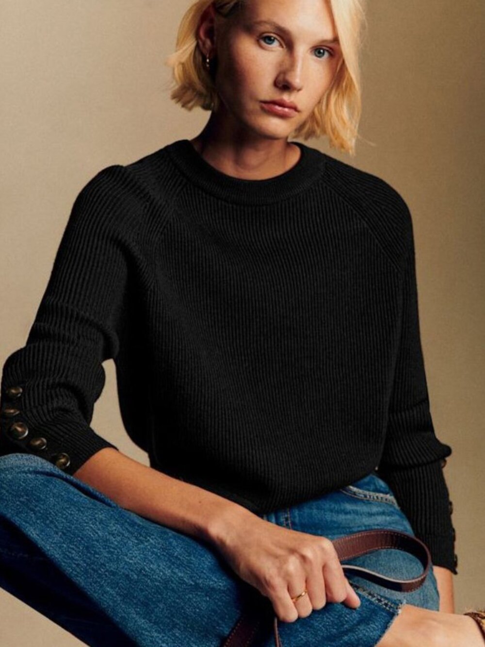 EUC Sezane Sami Merino Cotton Button Cuff Sweater Black XS